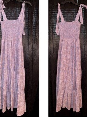 XiRENA Blue and Pink Floral Midi Dress with Tie Straps